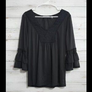 89th & Madison M Black Sheer Lace Yoke Ruffled Sleeve Blouse